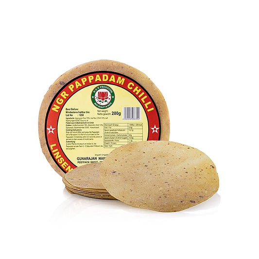 Pappadums, kryddade med röd chili, ca. ø 15 cm, 200 g, 12 st