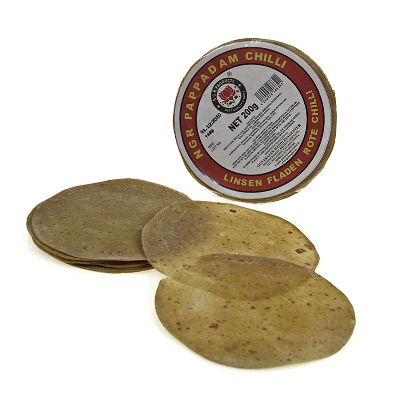 Pappadums, kryddade med röd chili, ca. ø 15 cm, 200 g, 12 st
