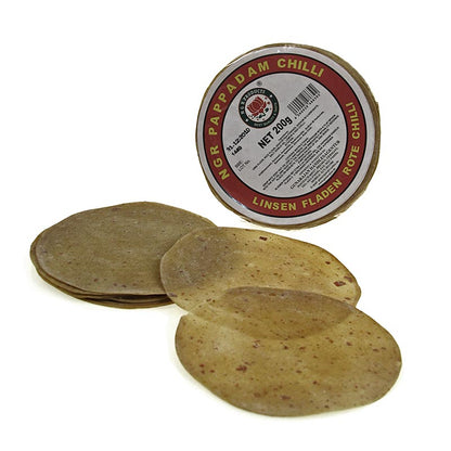 Pappadums, kryddade med röd chili, ca. ø 15 cm, 200 g, 12 st