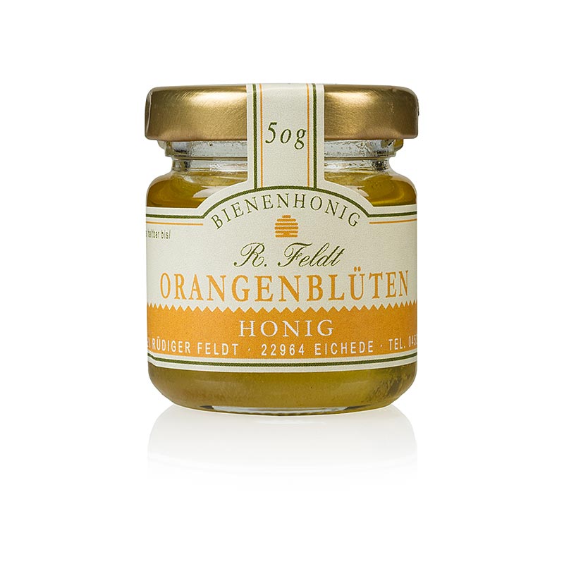 Imkerei Feldt Apelsinblomshonung, guldfärgad, flytande, söt, portionsglas, 50 g