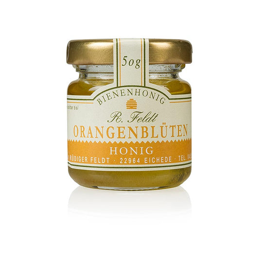 Imkerei Feldt Apelsinblomshonung, guldfärgad, flytande, söt, portionsglas, 50 g