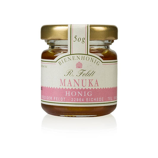 Imkerei Feldt Manuka-honung (tea tree), mörk, flytande, kraftig, portionsburk, 50 g