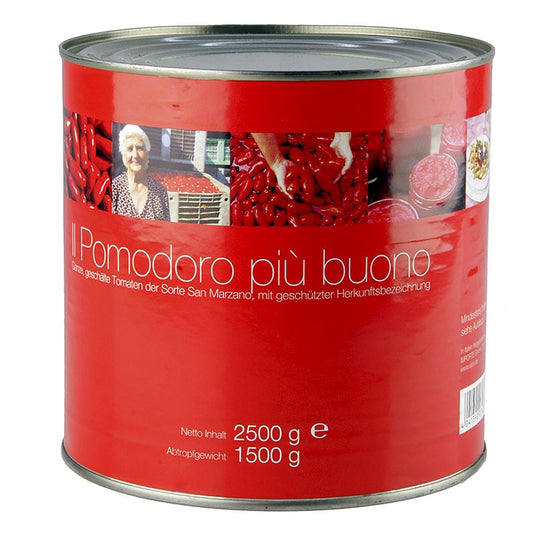San Marzano-tomater, hela, röda, skalade, Kampanien, Italien, 2,5 kg