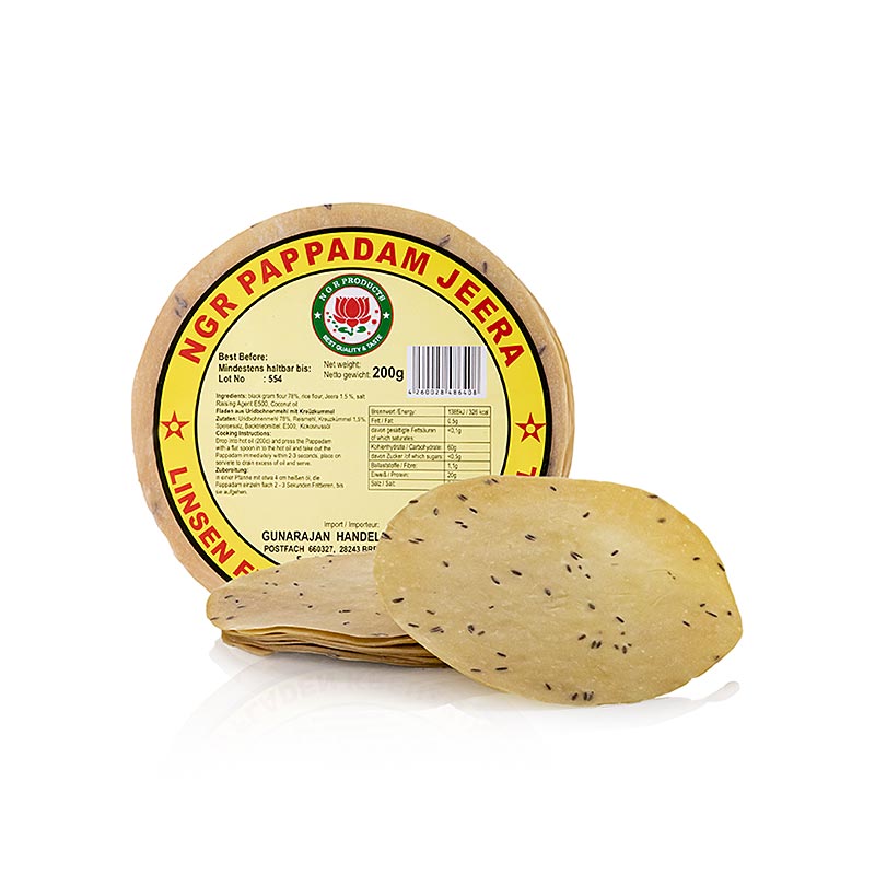Pappadums, kryddade med kummin, ca ø 15 cm, 200 g, 15 st