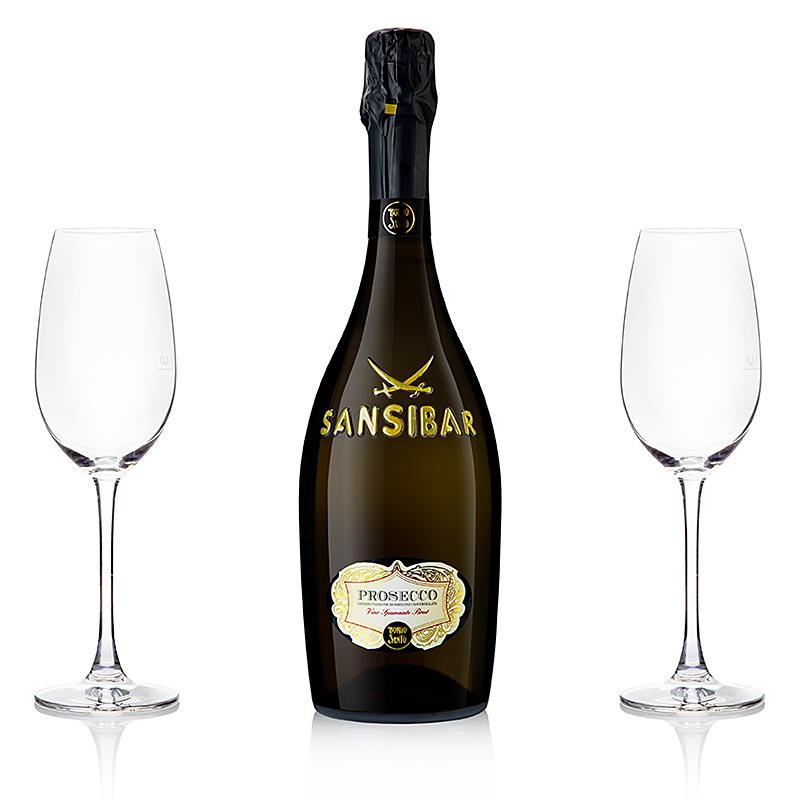 Sansibar´s Best San Simone Prosecco Brut 0,75 l + 2 Riedel champagneglas, 3 st.