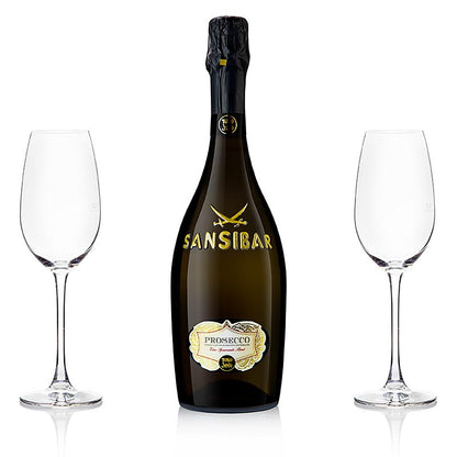 Sansibar´s Best San Simone Prosecco Brut 0,75 l + 2 Riedel champagneglas, 3 st.