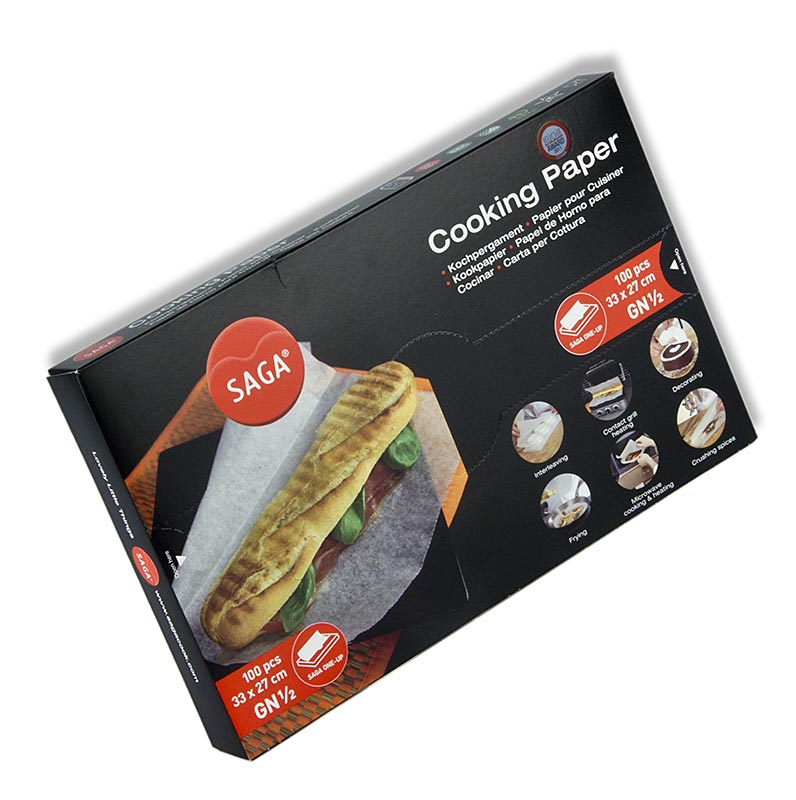 Saga bakplåtspapper, skuret till 27 x 33 cm, i dispenser, 100 ark