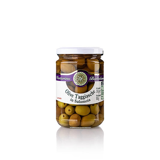 Olivblandning, gröna & svarta Taggiasca-oliver, med kärna, i saltlake, Venturino, 290 g