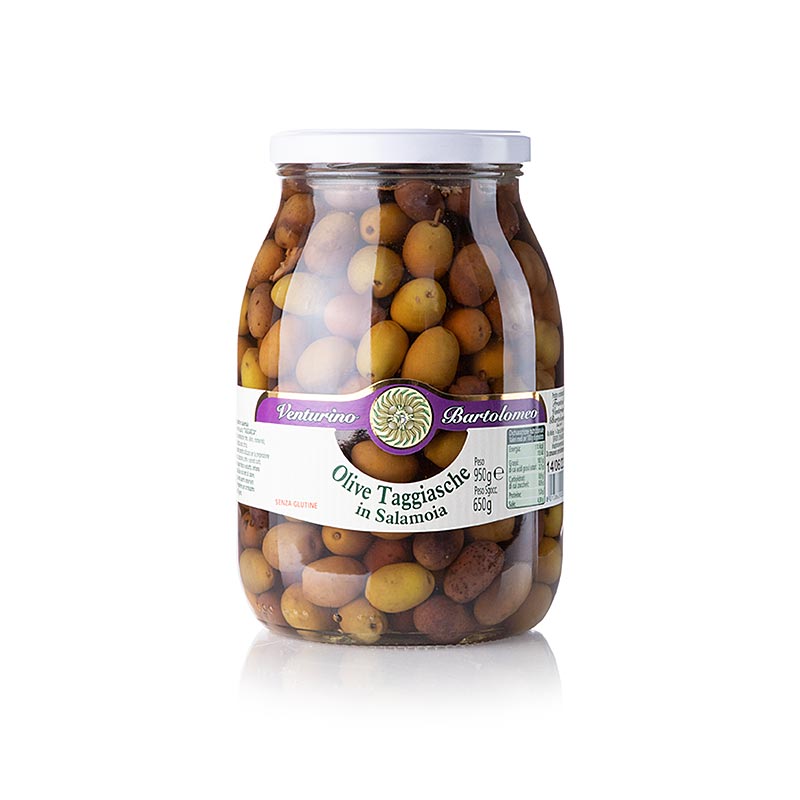 Olivblandning, gröna och svarta Taggiasca-oliver, med kärna, i saltlake, Venturi, 950 g