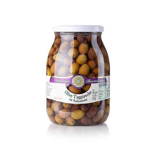 Olivblandning, gröna och svarta Taggiasca-oliver, med kärna, i saltlake, Venturi, 950 g