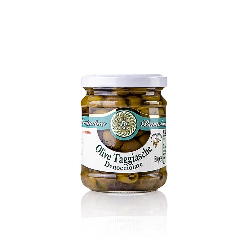 Olivblandning, gröna och svarta Taggiasca-oliver, urkärnade, i olja, Venturino, 180 g