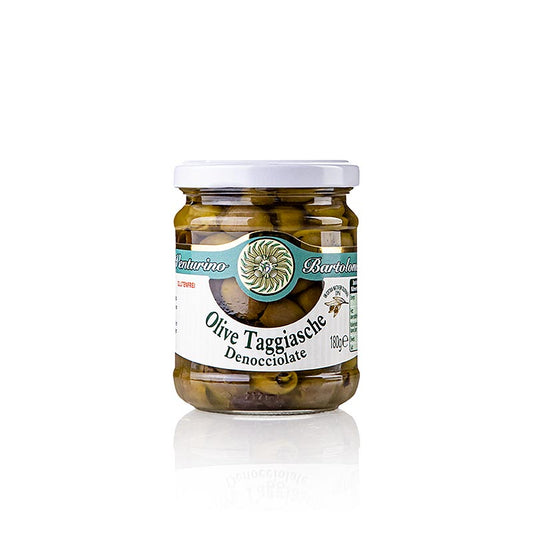 Olivblandning, gröna och svarta Taggiasca-oliver, urkärnade, i olja, Venturino, 180 g