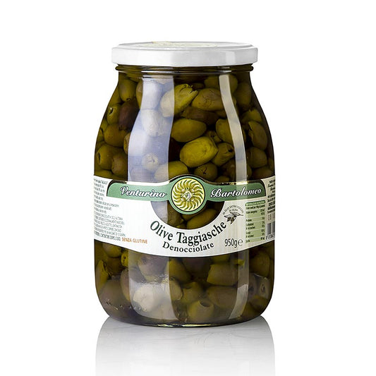 Olivblandning, gröna och svarta Taggiasca-oliver, urkärnade, i olja, Venturino, 950 g