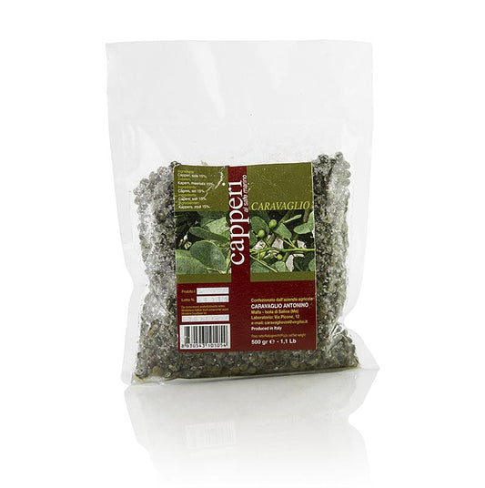 Liliput-kapris ø 7–8 mm, handsorterad, torkad, i havssalt, Caravaglio, 500 g