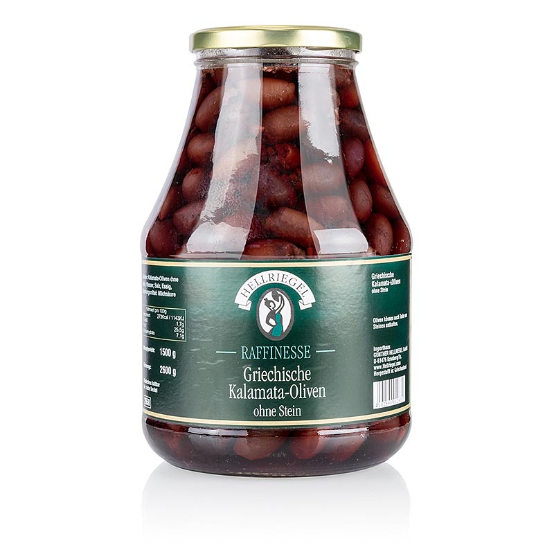 Hellriegel Svarta oliver, urkärnade, Kalamata-oliver, i saltlake, 2,6 kg