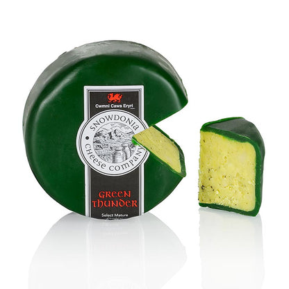 Snowdonia – Green Thunder, cheddarost med vitlök och örter, grönt vax, 200 g