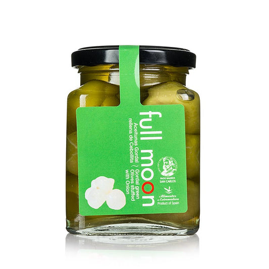 Gröna oliver, urkärnade, Gordal, med lök, San Carlos Gourmet, 300 g