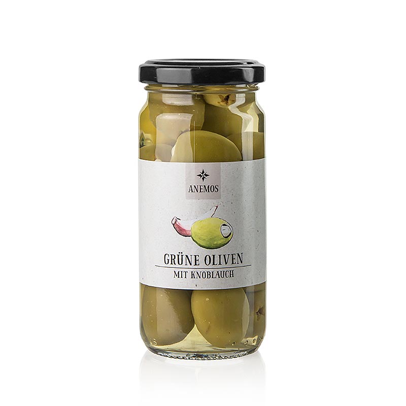 Gröna oliver, urkärnade, med vitlök, i saltlake, ANEMOS, 227 g