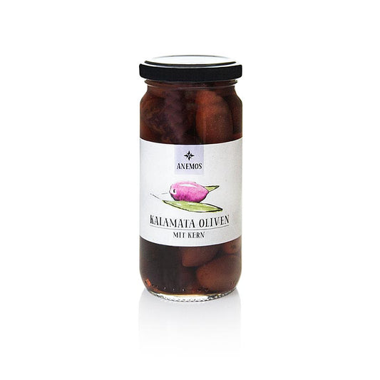 Svarta oliver, med kärna, Kalamata-oliver, i saltlake, ANEMOS, 227 g