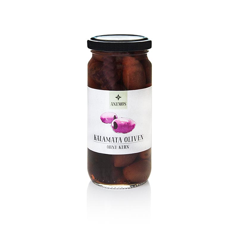Svarta oliver, urkärnade, Kalamata-oliver, i saltlake, ANEMOS, 227 g