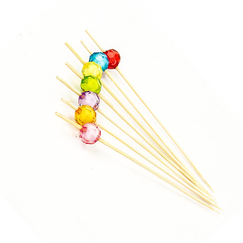Bambuspinnar, "Pearl", 12 cm, med färgglada, klara, runda pärlor, 40 st