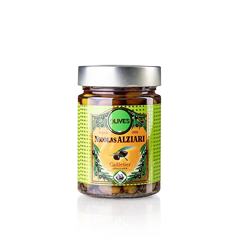 Olivblandning, gröna & svarta Cailletier, med kärna, inlagda, Alziari, 220 g