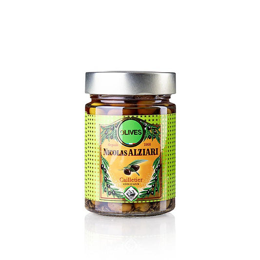Olivblandning, gröna & svarta Cailletier, med kärna, inlagda, Alziari, 220 g