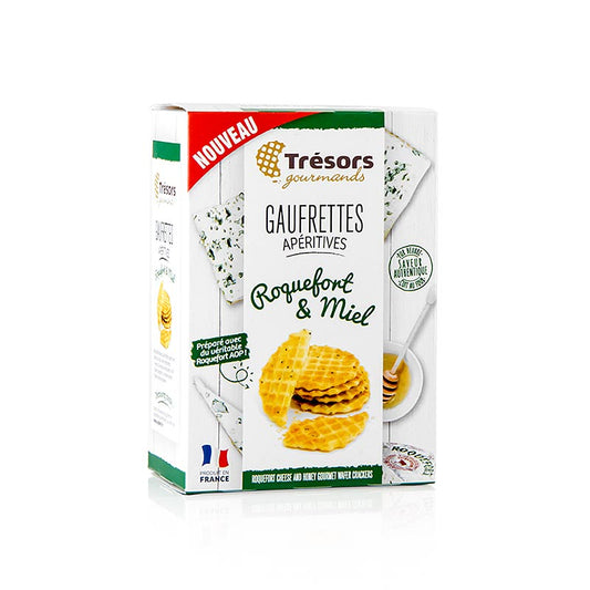 Barsnack Trésors – Gaufrettes, franska minivåfflor med Roquefortost och honung, 60 g