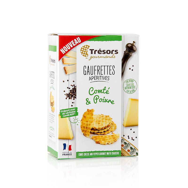 Barsnack Trésors – Gaufrettes, franska minivåfflor med Comté-ost och peppar, 60 g