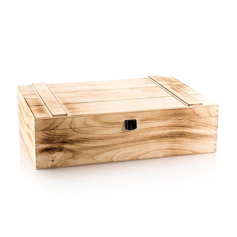 Vinpresentkartong "Flämmad trälåda", presentkartong med 3 flaskor, 370x258x98 mm
