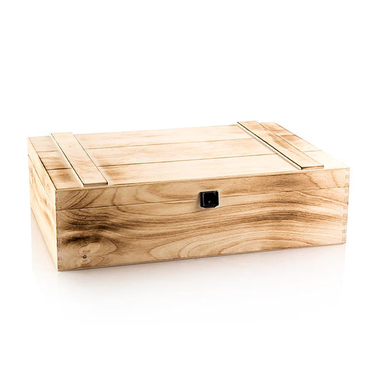 Vinpresentkartong "Flämmad trälåda", presentkartong med 3 flaskor, 370x258x98 mm
