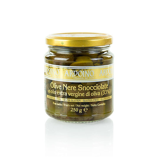 Svarta oliver, urkärnade (Snocciolate), i olivolja, Ardoino, 250 g