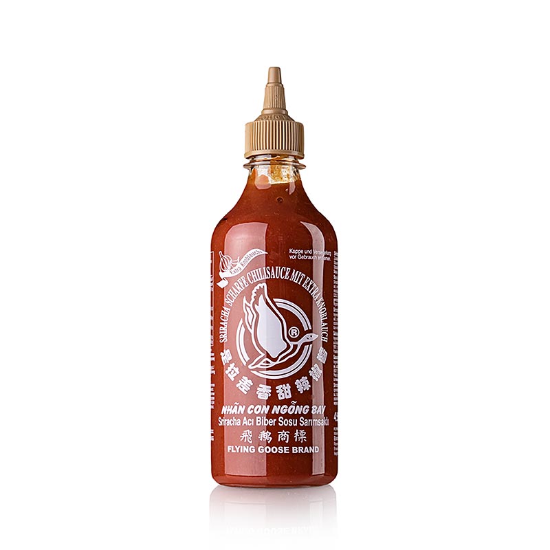Chilisås – Sriracha, stark, med vitlök, pressflaska, Flying Goose, 455 ml