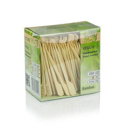 Bambuspinnar, med bladände, med texten "Veggie", 9 cm, 250 st