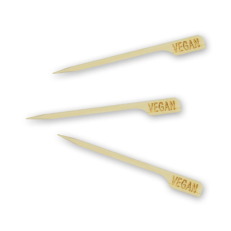 Bambuspinnar, med bladändar, med texten "Vegan", 9 cm, 250 st