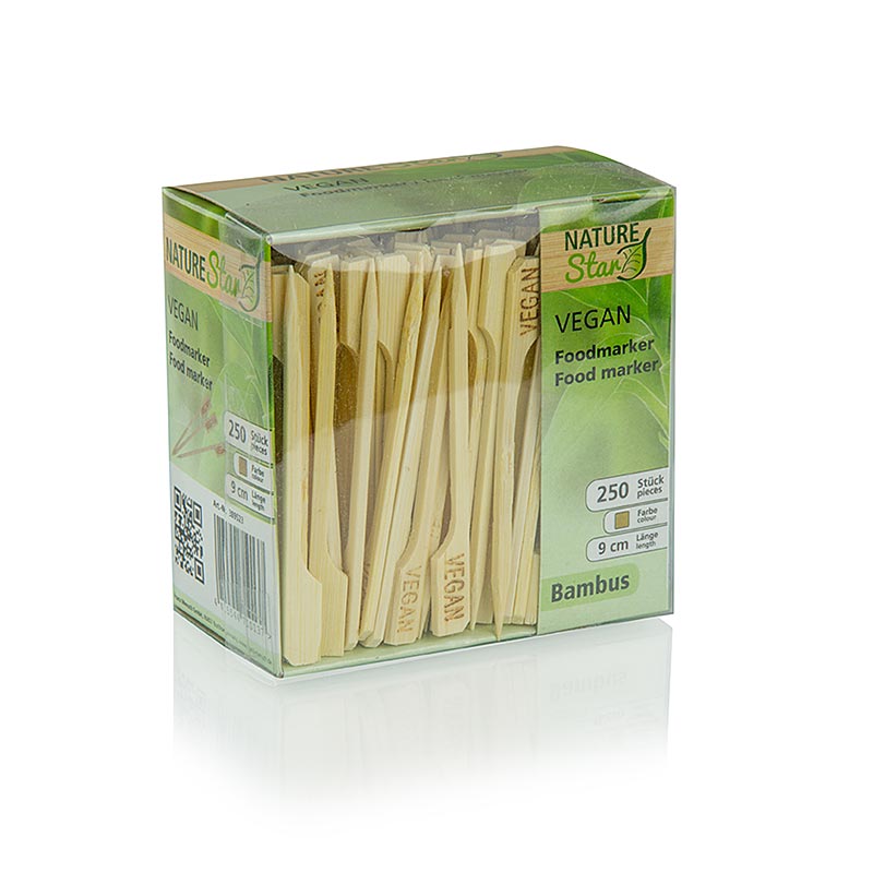 Bambuspinnar, med bladändar, med texten "Vegan", 9 cm, 250 st