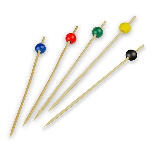 Bambuspinnar, med kula, 5 färger (röd, brun, gul, blå, svart), 15 cm, 100 st