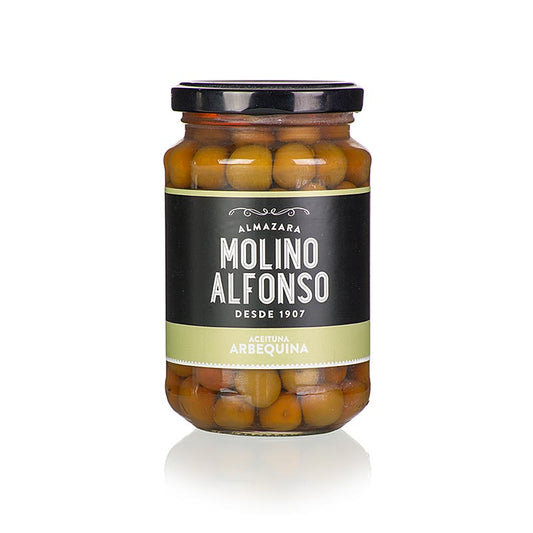 Gröna oliver, med kärna, Arbequina, i saltlake, Molino Alfonso, 355 g