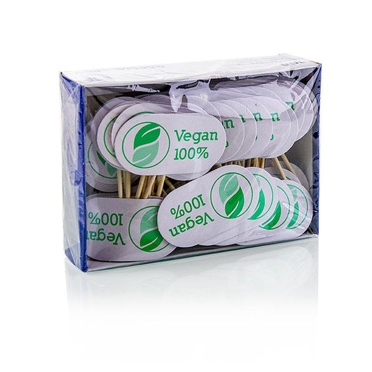 Träspett, med skylt, med texten "Vegan", 8 cm, 100 st