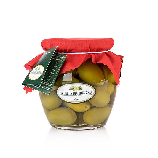 Gröna jätteoliver, med kärna, "Bella di Cerignola", i lak, 580 g