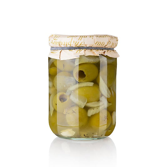 Gröna oliver, urkärnade, Gordal, med lök, Torremar S.L., 580 g