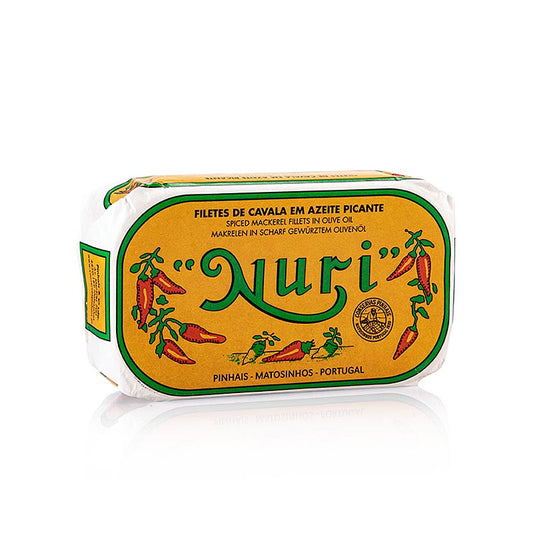 Makrillfiléer, i olivolja, kryddiga, 3–4 stycken, Nuri (Portugal), 125 g