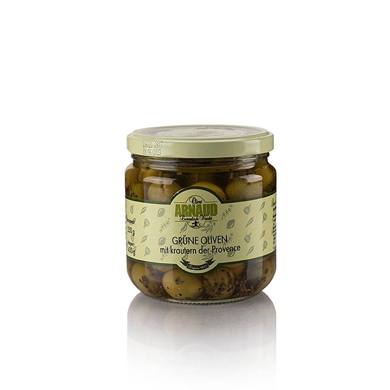 Gröna oliver, med kärna, med provensalska örter, Arnaud, 430 g