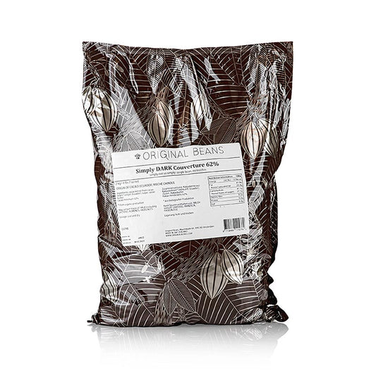 Couverture Simply Dark 62 % kakao, bitter, droppar, Original Beans, vegansk, 2 kg