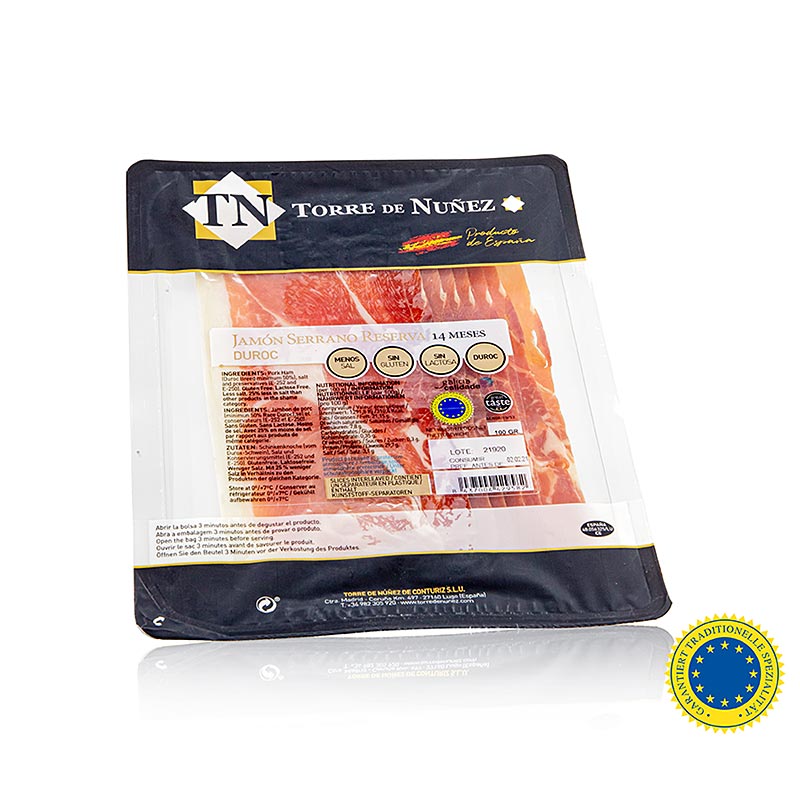 Jamon Serrano Reserva g.t.S., 14 månader, skivad skinka, Torre de Nunez, 100 g