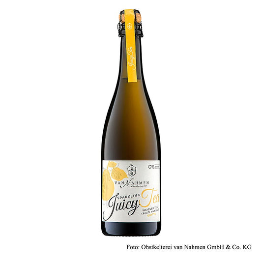 van Nahmen – Sparkling Juicy Tea – vit te – Tahiti-vanilj – kvitten, ekologisk, 750 ml