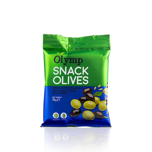 Snackoliver, Kalamata & gröna oliver, urkärnade, med örter, 70 g