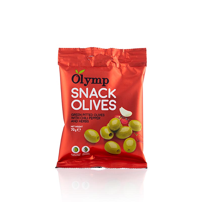 Snackoliver, gröna oliver, urkärnade, med chili & örter, 70 g