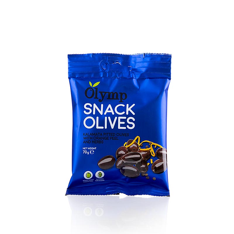 Snackoliver, Kalamata-oliver, urkärnade, med apelsinskal & örter, 70 g