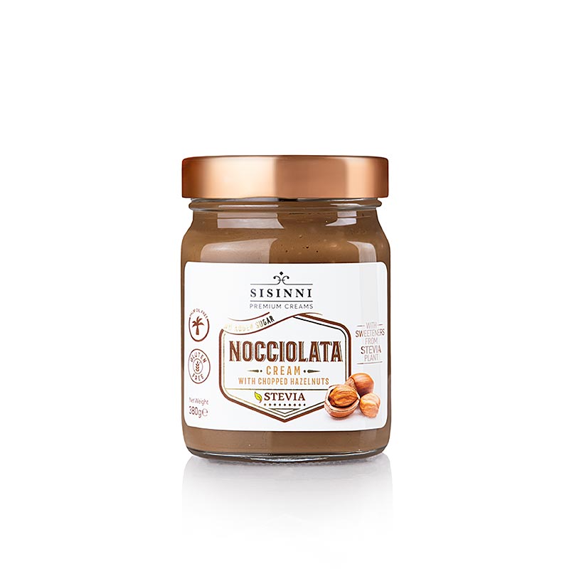 Nocciolata-kräm, hasselnötskräm med stevia och bitar, Sisinni, 380 g